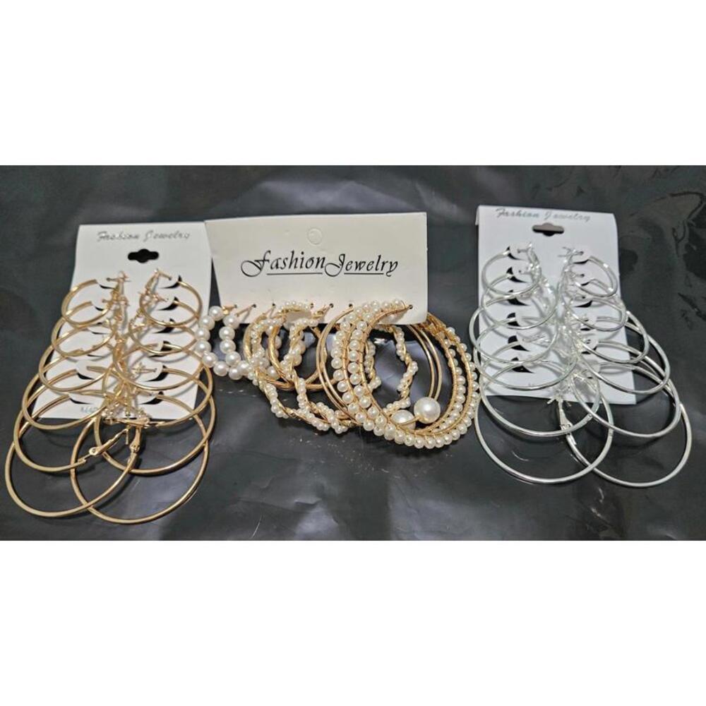 Set of 17 Women's Hoop Earrings Gold Silver Tone and Faux Pearl Hoops Brand New